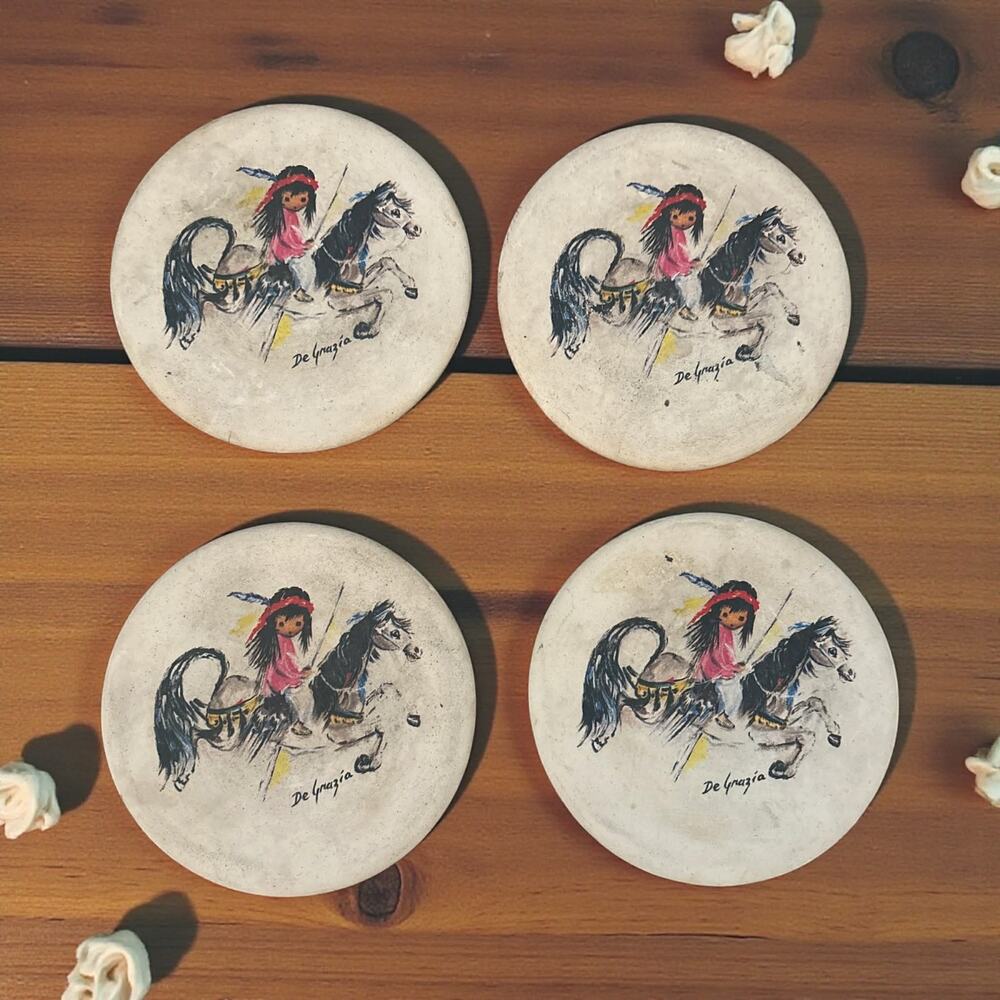 Set 4 Vintage DeGrazia Colorful Stone Coasters Native American Horse Art Signed
